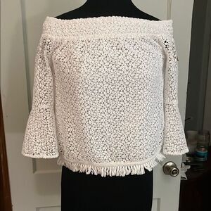 Kaari Blue White Bell Sleeve Off-Shoulder Blouse